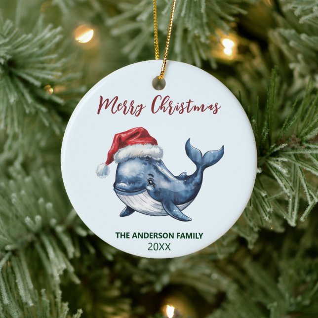 Personalisierter Nautikwal in der Weihnachtsmannmü Keramik Ornament (Baum)