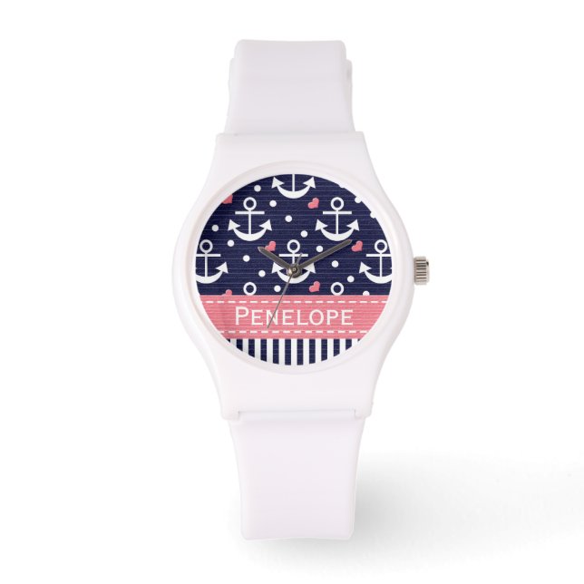 Personalisierter Navy Blue und Pink Anchor Armbanduhr (Vorderseite)