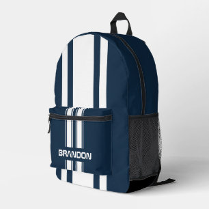 Personalisierter navyblauer und weißer Rennstreife Bedruckter Rucksack