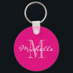 Personalisierter Neonrosa-Monogramm-Tasten-Schlüss Schlüsselanhänger<br><div class="desc">Neon rosa und weiße Bezeichnung monogramm runder Button Schlüsselanhänger. Klassische Skripttypografie und benutzerdefinierte Hintergrundfarbe. Elegantes Schlüsselkettendesign für Frauen und Mädchen. Mit Monogramm mit Ihrem eigenen eindeutigen Namen Anfangsbuchstaben. Niedliche Hochzeitsfeier oder Geburtstagsgeschenkidee. Auch schön für Brautparty,  Wiedersehen,  Bachelorette,  Girls Wochenende etc.</div>