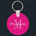 Personalisierter Neonrosa-Monogramm-Tasten-Schlüss Schlüsselanhänger<br><div class="desc">Neon rosa und weiße Bezeichnung monogramm runder Button Schlüsselanhänger. Klassische Skripttypografie und benutzerdefinierte Hintergrundfarbe. Elegantes Schlüsselkettendesign für Frauen und Mädchen. Mit Monogramm mit Ihrem eigenen eindeutigen Namen Anfangsbuchstaben. Niedliche Hochzeitsfeier oder Geburtstagsgeschenkidee. Auch schön für Brautparty,  Wiedersehen,  Bachelorette,  Girls Wochenende etc.</div>