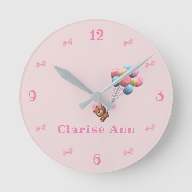 Personalisierter Niedlicher Bär und Balloons Runde Wanduhr (Vorderseite)