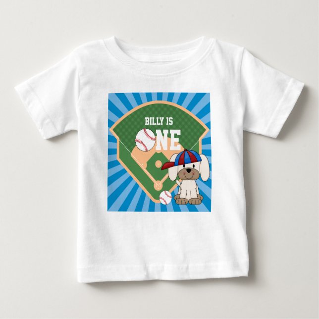 Personalisierter Niedlicher Baseball Welpenhund 1. Baby T-shirt (Vorderseite)