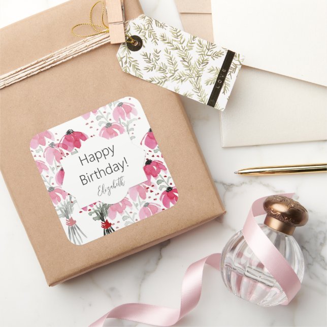 Personalisierter Niedlicher Boho Pink Quadratischer Aufkleber (Schenken)