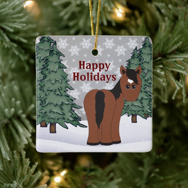 Personalisierter Niedlicher brauner Happy Holidays Keramikornament (Baum)