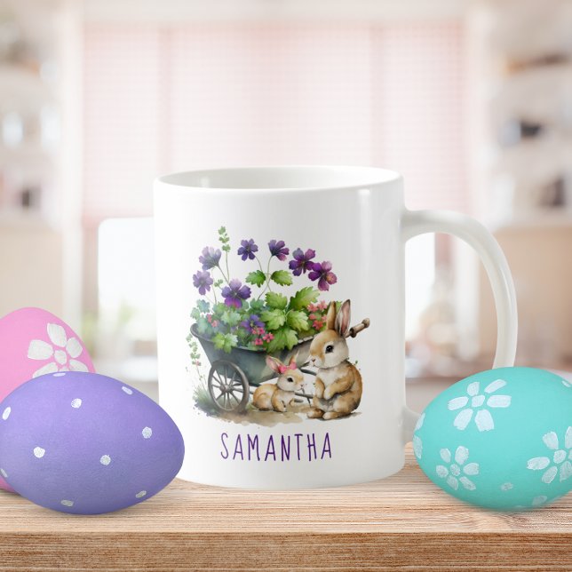 Personalisierter Niedlicher Bunnies-Girl Kaffeetasse (Personalized Cute Bunnies Girl Easter Coffee Mug)