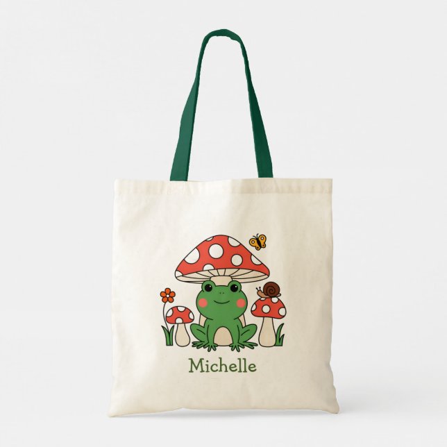 Personalisierter Niedlicher Frosch und Pilze Tragetasche (Rückseite)