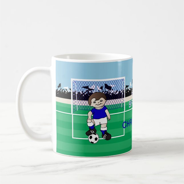Personalisierter niedlicher Fußballjunge Kaffeetasse (Links)
