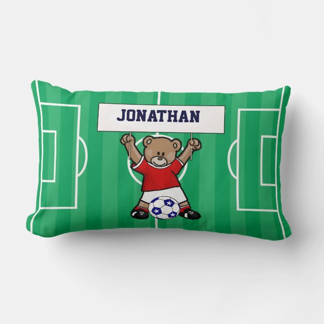 Personalisierter niedlicher Fußballteddy-Bär (rot) Lendenkissen (Vorderseite)
