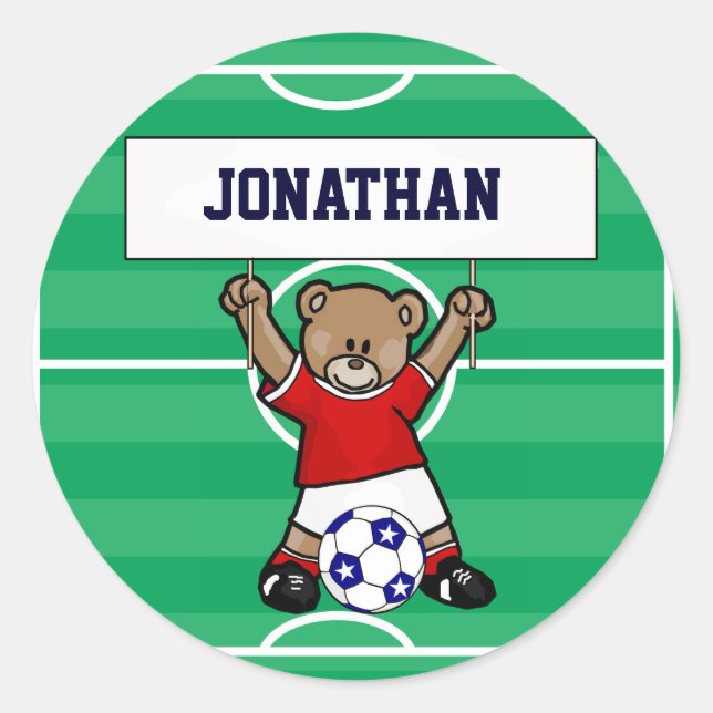 Personalisierter Niedlicher Fußballteddybär (rot) Runder Aufkleber (Vorderseite)