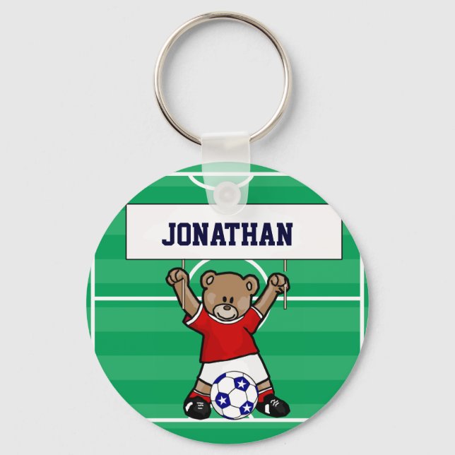 Personalisierter Niedlicher Fußballteddybär (rot) Schlüsselanhänger (Vorderseite)