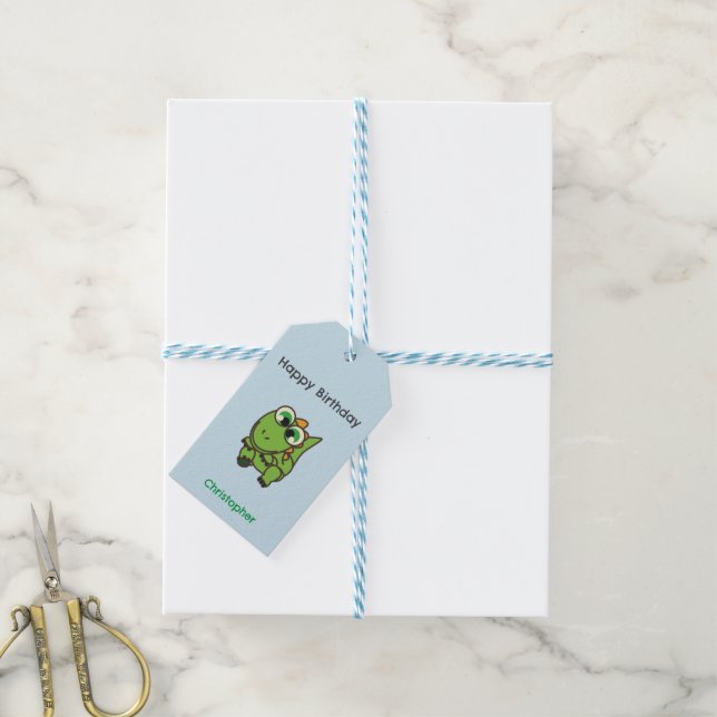 Personalisierter niedlicher, grüner Dinosaurier -  Geschenkanhänger (Mit Garn)