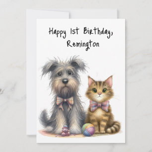 Personalisierter Niedlicher Hund und Katze Happy 1 Karte