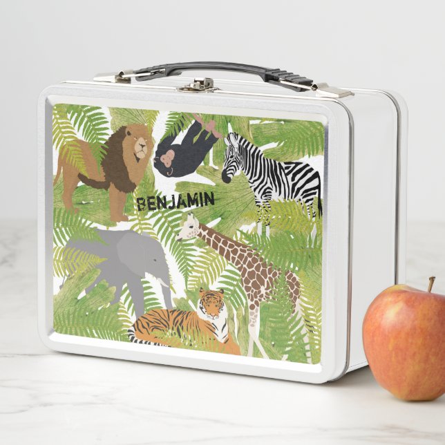 Personalisierter Niedlicher Jungle Animals Safari  Metall Brotdose (Beispiel)