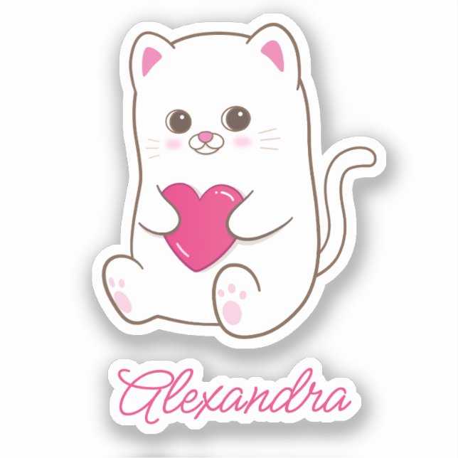 Personalisierter Niedlicher Kawaii Rosa Herzkatzen Aufkleber (Vorderseite)
