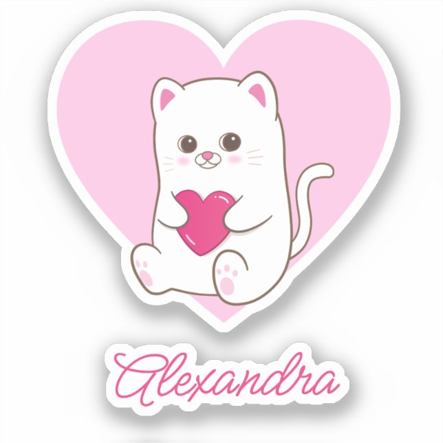 Personalisierter Niedlicher Kawaii Rosa Herzkatzen Aufkleber (Vorderseite)