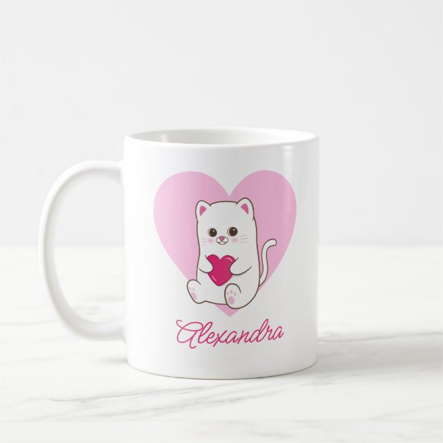 Personalisierter Niedlicher Kawaii Rosa Herzkatzen Kaffeetasse (Links)