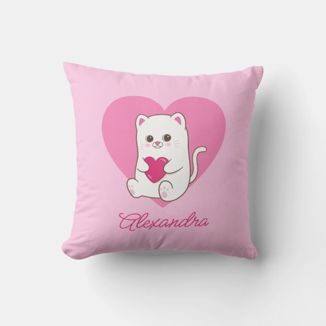 Personalisierter Niedlicher Kawaii Rosa Herzkatzen Kissen (Vorderseite)