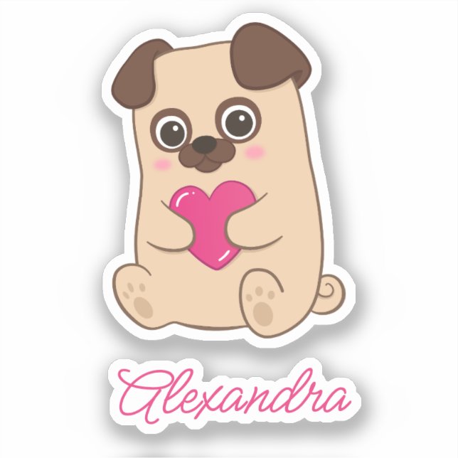 Personalisierter Niedlicher Kawaii Rosa Mops Name Aufkleber (Vorderseite)
