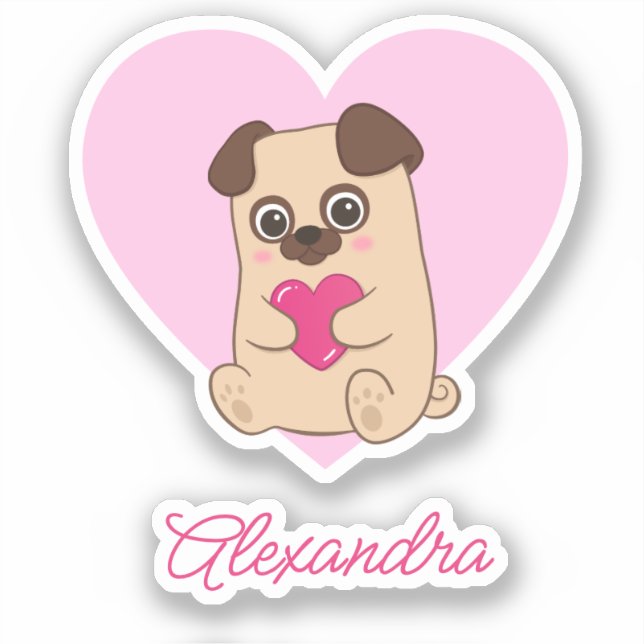 Personalisierter Niedlicher Kawaii Rosa Mops Name Aufkleber (Vorderseite)