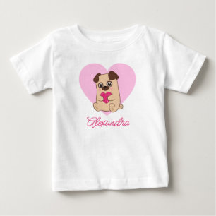 Personalisierter Niedlicher Kawaii Rosa Mops Name Baby T-shirt