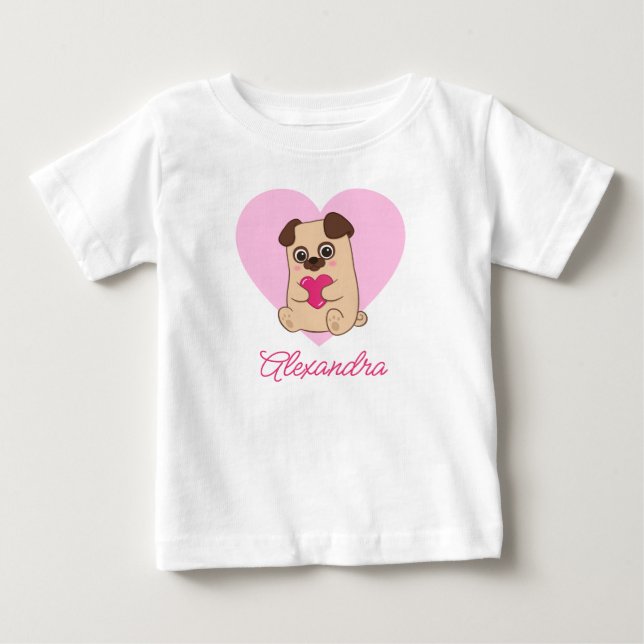 Personalisierter Niedlicher Kawaii Rosa Mops Name Baby T-shirt (Vorderseite)