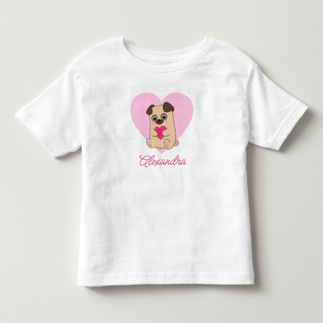 Personalisierter Niedlicher Kawaii Rosa Mops Name Kleinkind T-shirt (Vorderseite)