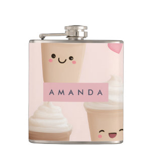 Personalisierter Niedlicher Pink Kawaii-Kaffeecup Flachmann