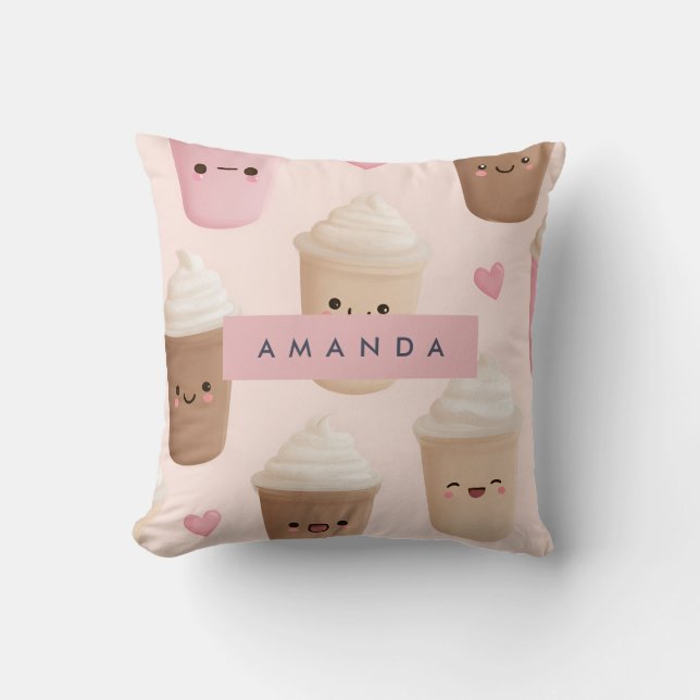 Personalisierter Niedlicher Pink Kawaii-Kaffeecup Kissen (Vorderseite)
