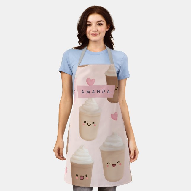 Personalisierter Niedlicher Pink Kawaii-Kaffeecup Schürze (Getragen)