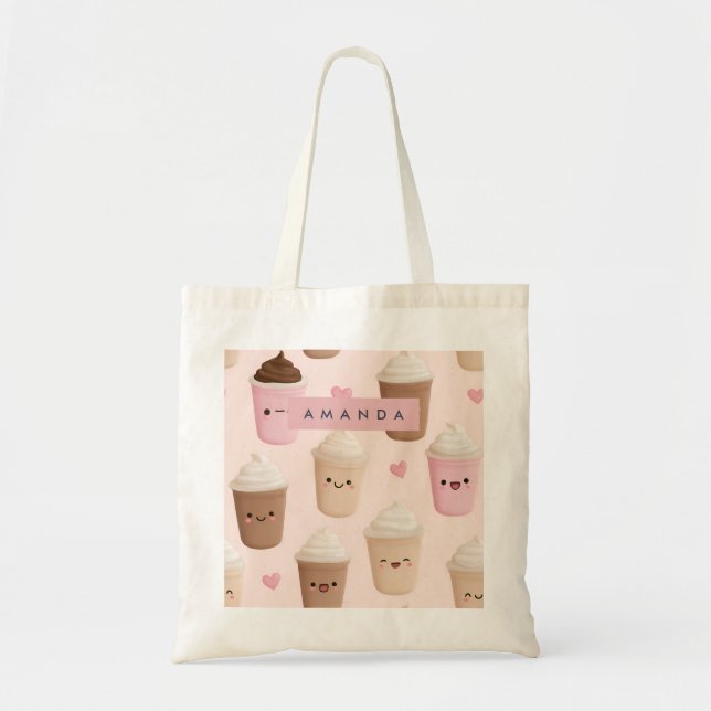 Personalisierter Niedlicher Pink Kawaii-Kaffeecup Tragetasche (Vorne)