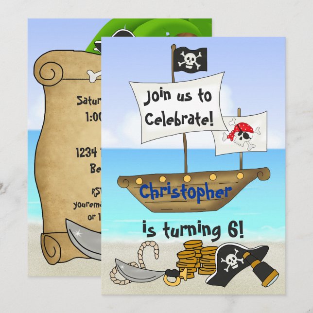 Personalisierter Niedlicher Pirate Boy's Beach Geb Einladung (Vorne/Hinten)