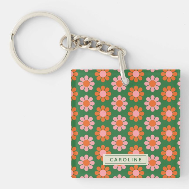 Personalisierter Niedlicher Retro-Retro-Blumenrosa Schlüsselanhänger (Vorderseite)