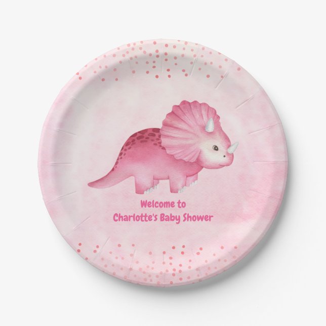 Personalisierter Niedlicher Rosa Dinosaurier Pappteller (Vorderseite)
