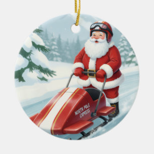 Personalisierter Niedlicher Santa Doing Snowmobili Keramik Ornament