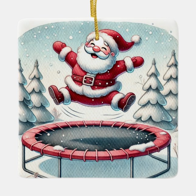 Personalisierter Niedlicher Santa Jumping auf Tram Keramikornament (Vorderseite)