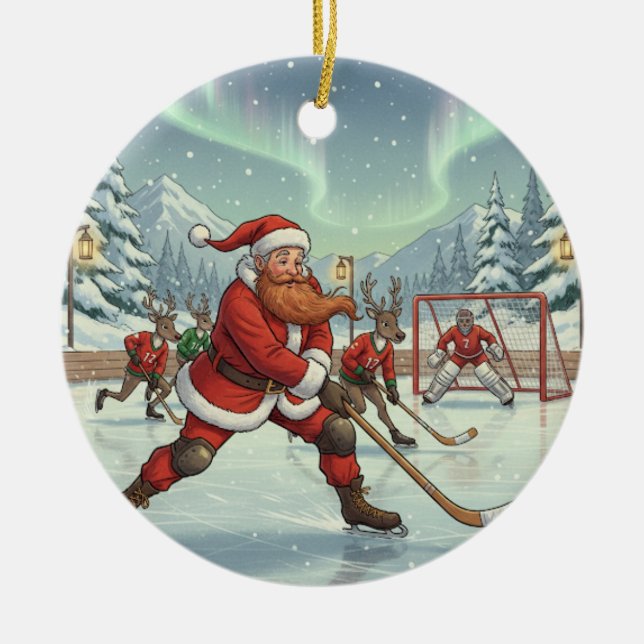 Personalisierter Niedlicher Santa Playing Bandy Keramik Ornament (Vorne)