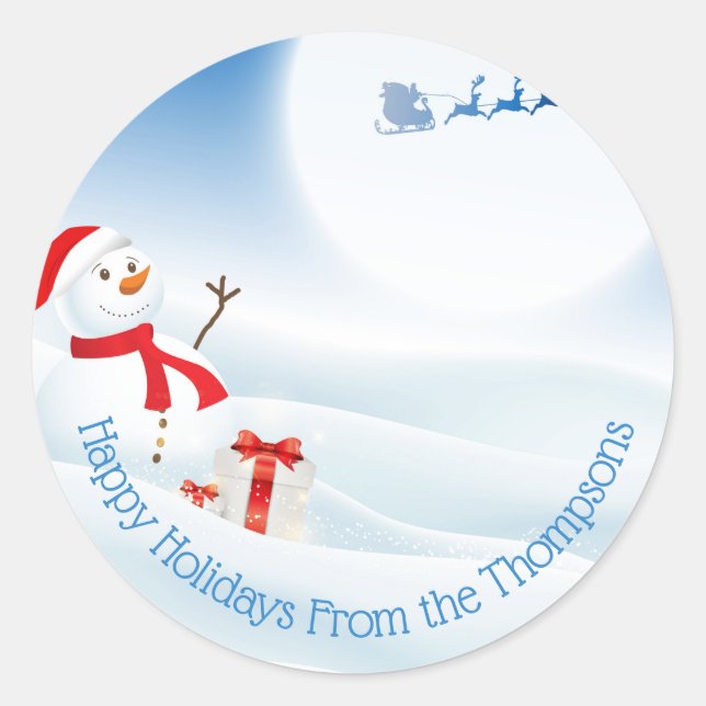 Personalisierter Niedlicher Schneemann und Santa Runder Aufkleber (Vorderseite)