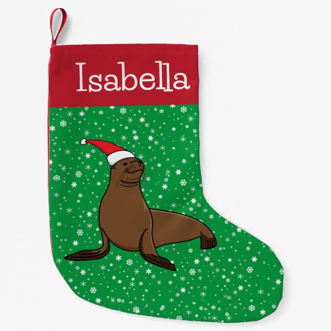 Personalisierter Niedlicher Seelöwe in einer Weihn Kleiner Weihnachtsstrumpf (Vorderseite)