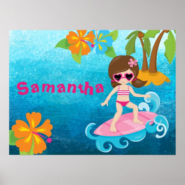 Personalisierter Niedlicher Surfer Girl Hibiskus u Poster (Vorne)