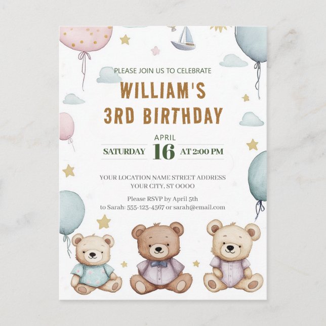 Personalisierter Niedlicher Teddy Bear Geburtstag Postkarte (Vorderseite)