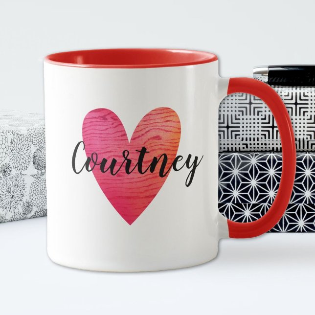 Personalisierter Niedlicher Valentinstag Rotes Her Tasse (A cute red heart with a wood texture personalized with your name)