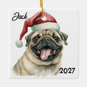Personalisierter Niedlicher Weihnachtsmann Mops Keramikornament