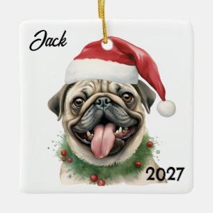 Personalisierter Niedlicher Weihnachtsmann Mops Keramikornament