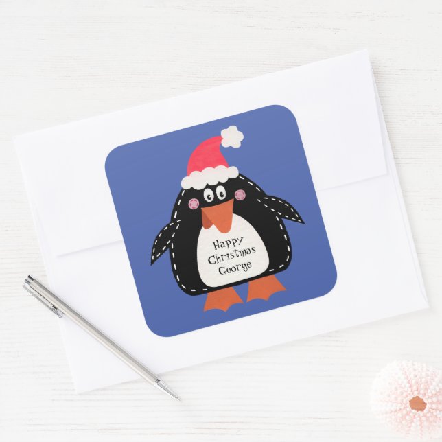 Personalisierter Niedlicher Weihnachtspenguin Quadratischer Aufkleber (Umschlag)