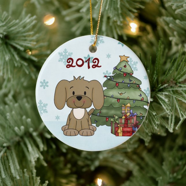 Personalisierter Niedlicher Welpen-Hunde-Baby's 1. Keramikornament (Baum)