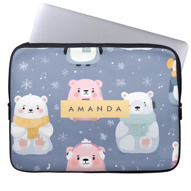 Personalisierter Niedlicher Winterbär und Pinguin- Laptopschutzhülle (Vorderseite)