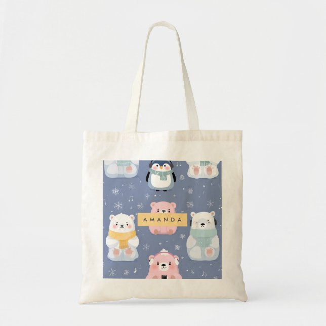 Personalisierter Niedlicher Winterbär und Pinguin- Tragetasche (Vorne)