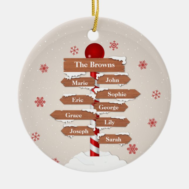 Personalisierter Nordpol 9 Familiennamen Keramik Ornament (Vorne)