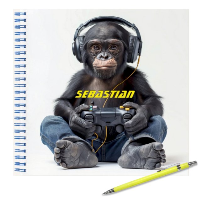 Personalisierter Notebookchipsatz für Kinder Notizbuch (Funny Monkey Chimp wearing headphones and playing video games personalized notebook for kids)